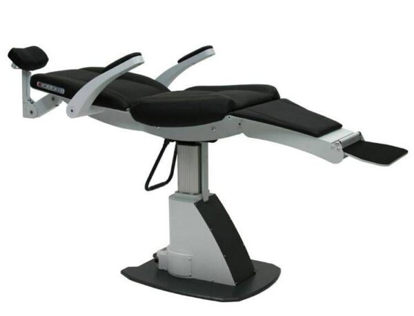 Adjustable black gym bench on a gray stand, featuring various pads and levers, isolated against a white background. This model is the S4OPTIK 2500-CH Fully Automatic Examination Chair.
