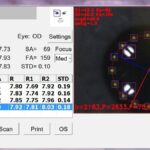 Screenshot of the MMD PalmScan K2000 Pro Auto Keratometer software featuring measurements for the right eye (od), including keratometry and astigmatism values, with a highlighted corneal