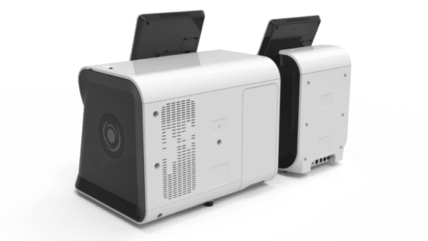 Two modern portable projectors with open lids on a green and white abstract background featuring Essilor ES 800 and ES 800M Lens Edging Systems.