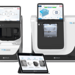Three Essilor ES 800 and ES 800M Lens Edging Systems, including a milling machine, a scanner, and tablets displaying dental software interfaces, set against a white background.