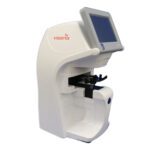 Automated vision testing equipment with a digital screen, white casing, and adjustable chin rest from Visionix VX 40 Autolensmeter.