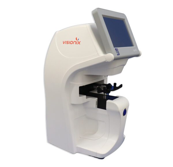 Automated vision testing equipment with a digital screen, white casing, and adjustable chin rest from Visionix VX 40 Autolensmeter.
