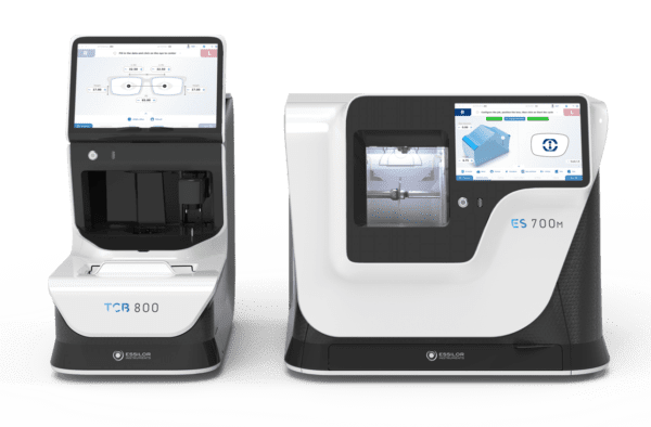 Two Essilor ES 700 and ES 700M Edging Systems, a TCR 800 refractor and an ES 700M edger, shown with operational screens displaying user interfaces.