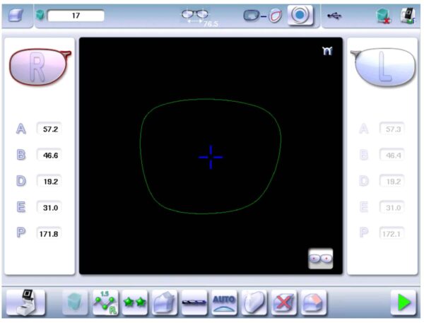 Screenshot of an Essilor Neksia 400, 500, 550, and 650 interface displaying a green circle with a blue cross at the center on a black background.