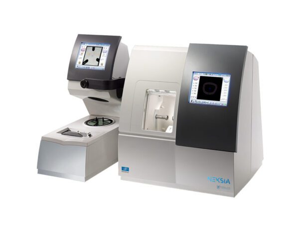 An Essilor Neksia 400, 500, 550, 600, and 650 eye examination machine with two connected units, each featuring a screen displaying eye interface, isolated on a white background.