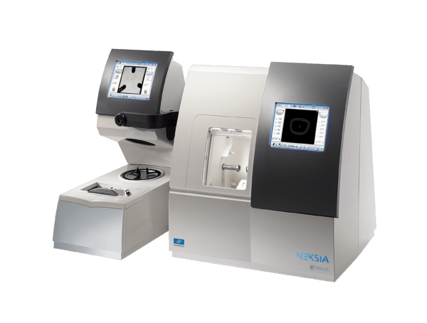 An image of an Essilor Neksia 400, 500, 550, 600, and 650 spectrometer, featuring a touchscreen display and an Essilor Lens Edging System sample loading area, against a green background.