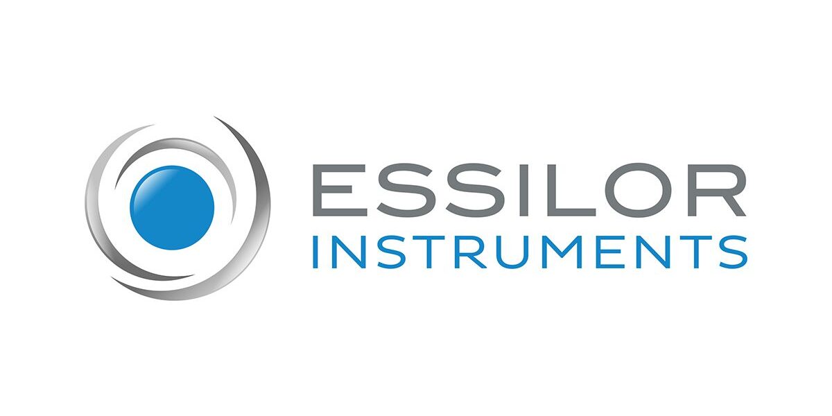 Logo of essilor instruments, featuring a stylized blue and gray eye design next to the company name in gray and blue text.